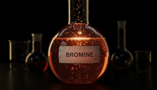 Glass laboratory flask containing bubbling orange liquid bromine with chemical label in dark scientific research setting