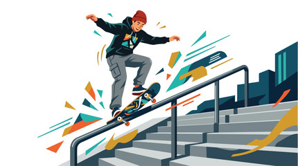 Fototapeta premium A young skater performs a grind trick on a metal rail with dynamic abstract elements.