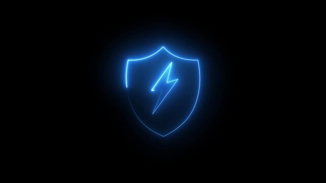 Neon glowing shield with lightning bolt energy protection concept loop.