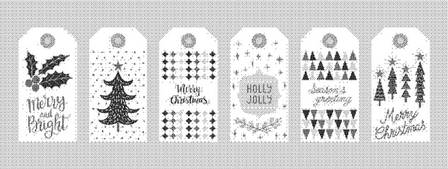 Set of christmas gift tags with handdrawn holiday elements, festive typography, holly, pine trees, and stars, black and white sketch style © Rehena