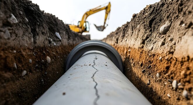 Construction Trench With Large Pipe And Excavator In Background