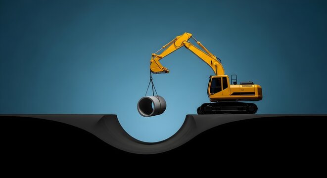 Yellow Excavator Digging Trench And Lifting Pipe On Blue Background