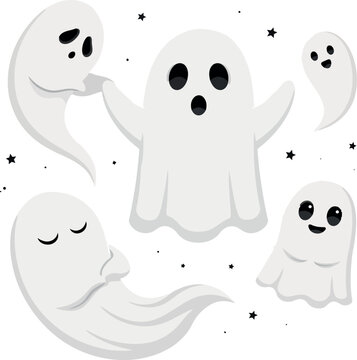 Cute cartoon ghost characters floating with stars in a simple flat vector illustration style