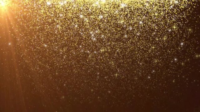 Abstract animated concept featuring golden particles rising upwards for birthday and holiday celebrations, fairy sparkle burst, 2D flat sparkle effect overlay, 4k loop