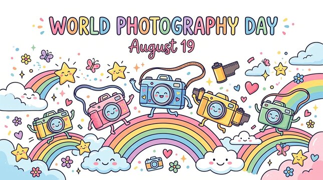 Celebrate world photography day cute cameras rainbow illustration for august 19th