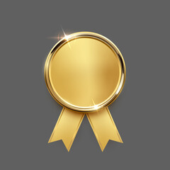 Plakat Gold medal. Realistic 3D golden award medal with ribbons, symbolizing first place in sports, competitions, athletic events. Winner emblem, diploma, certificate. Elegant vector illustration.