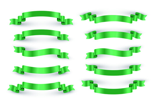 Green ribbons set isolated on transparent background. Realistic 3D design element for banners, flags, labels, tags, stickers, sales, awards, emblems. Vector illustrations collection.