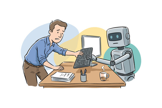 Man looks worried as robot takes keyboard at office desk with computer