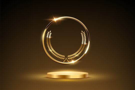 Gold award podium with laurel wreath in glowing round frame on dark background. Luxury template for product presentation, winner ceremony, honors branding. Elegant glamour vector illustration.