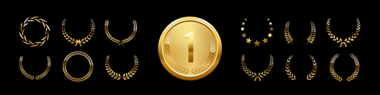 Gold award medals with laurel wreath. Golden medals with number one and leaf wreath on black background. 3d metal winner emblems. Realistic vector illustrations set.
