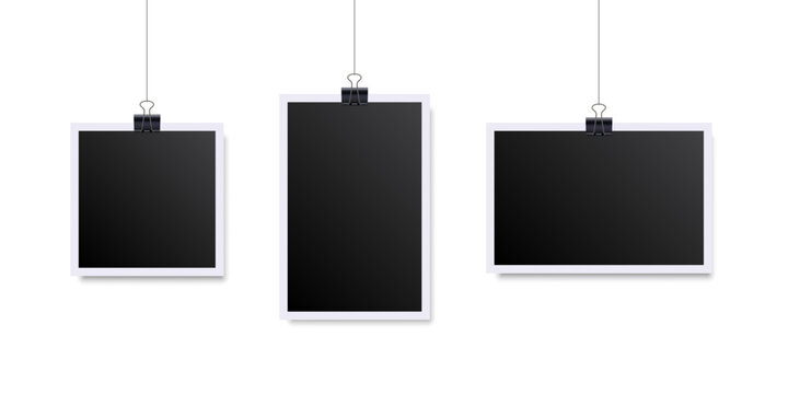 Hanging photo frames with metal binder clip on vertical string. Empty foto square and rectangular frames with white borders. Realistic vector set for photography projects, retro collages.