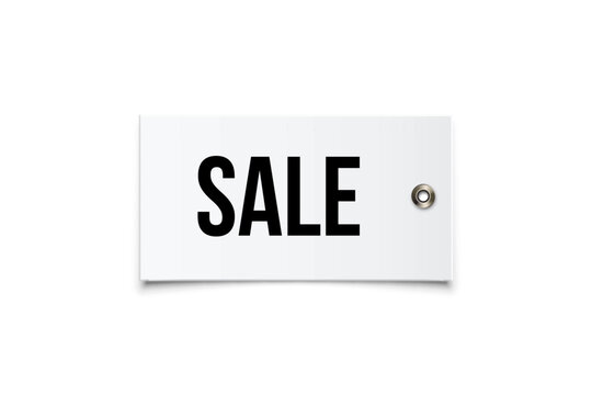 Sale tag. Sale tag with black text on white horizontal rectangular label and metal rivet at right side isolated on light for retail shop promotions and special offers. Realistic vector illustration.