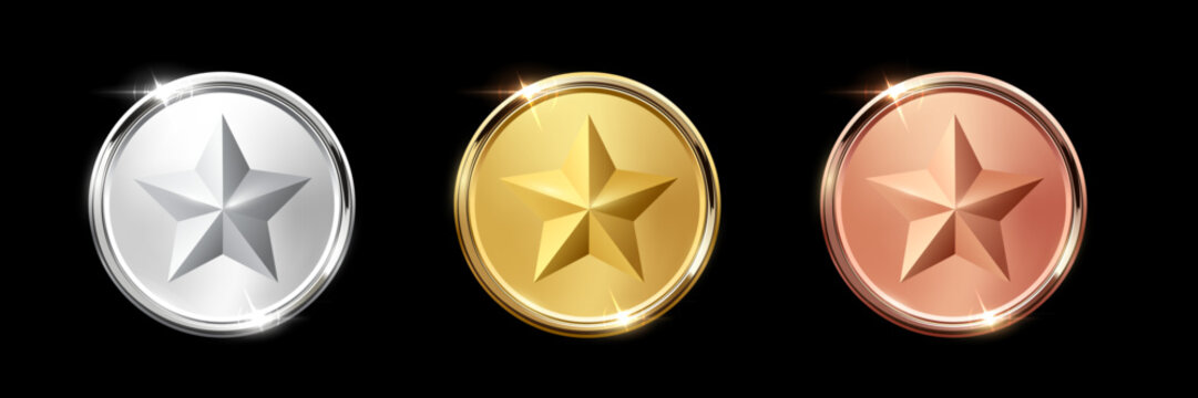 Gold, silver, bronze circle medals with star. Metal coins. First, second, third place award frames isolated on black. Winners trophy. Blank shiny badge, label. Realistic vector illustrations set.