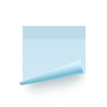 Post note. Blue sticky square note paper with curled corner. Blank adhesive notepad page template isolated on white background. Realistic vector illustration for reminders and memos.