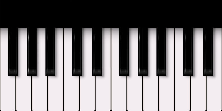 Piano keys. Piano keyboard in black and white with glossy surfaces background. Vertical music instrument keyboard with soft shadows. Minimal realistic vector illustration.