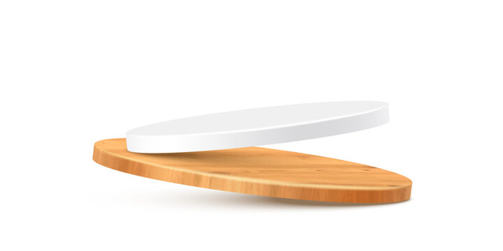 Wood podium display. Wood podium with two circular platforms in brown and white color on light. Floating empty circle stand pedestals for product presentation. Realistic vector illustration.