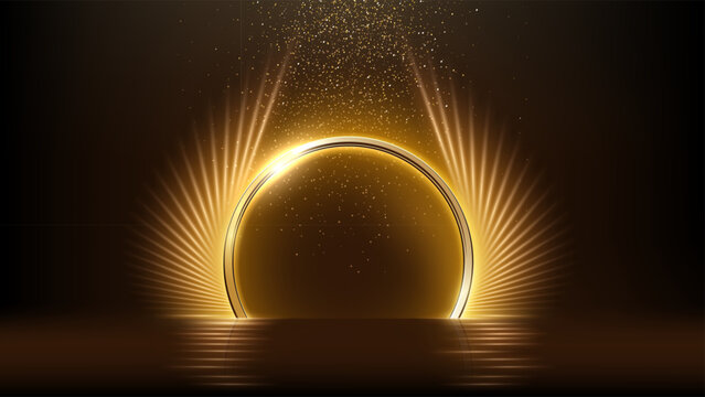 Golden light arch. Gold shiny arc with radiant beams and falling sparkles above glossy reflection on dark background. Luxurious festive vector illustration.