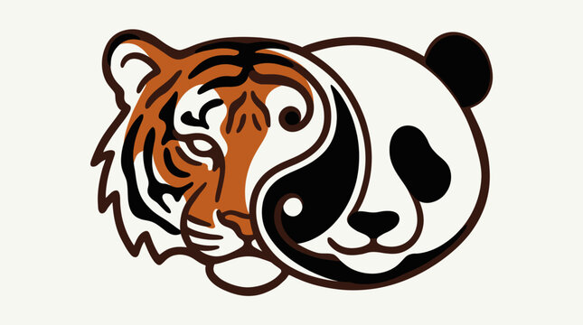 Hand-drawn illustration of a tiger and panda in yin yang pose