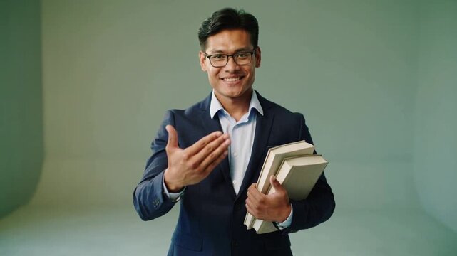 Smiling man wearing glasses navy jacket blue shirt gesturing greeting in studio holding three books