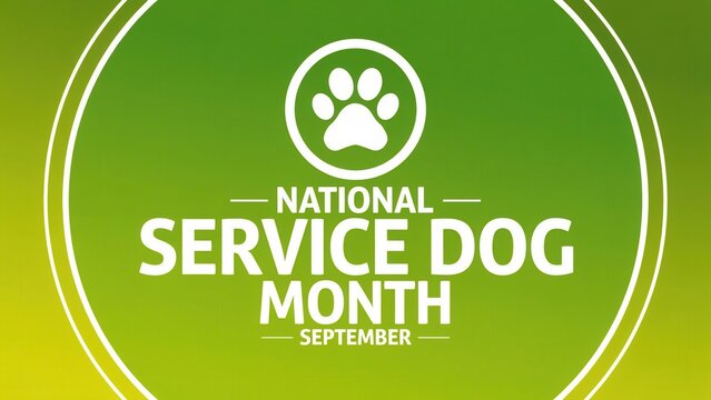 National Service Dog Month September text and paw print logo on green gradient background