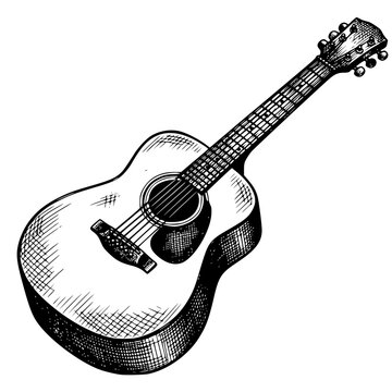 Acoustic guitar in a classic black and white vector illustration style