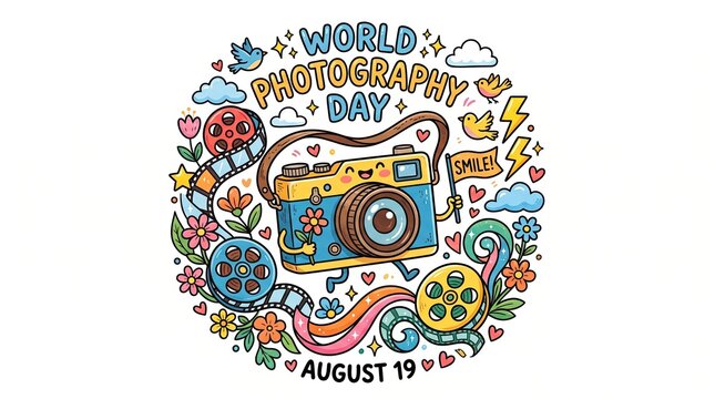 World photography day illustration celebrating august 19th with camera film reels