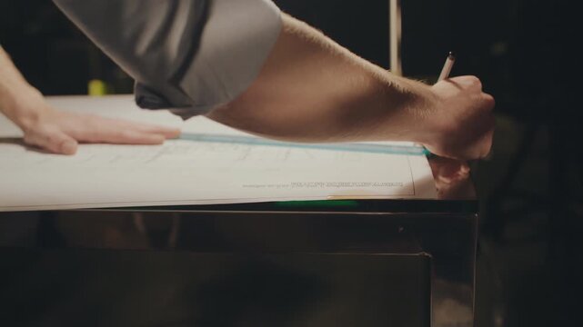 Hand keeps writing beside white coffee cup on paper covered desk, while second hand rests nearby, under warm soft indoor light, with reflective surface, dark blurred background, quiet focus, and