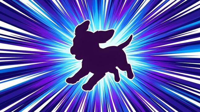Dynamic puppy silhouette on comic speed lines background, energetic dog profile with purple sunburst effect, fast motion pet action graphic