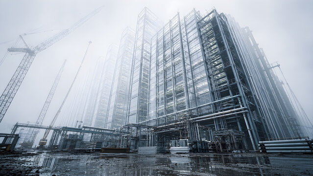 High-Tech Vertical Farming Towers with LED Grow Lights, Pipe Networks and Misty Industrial Interior