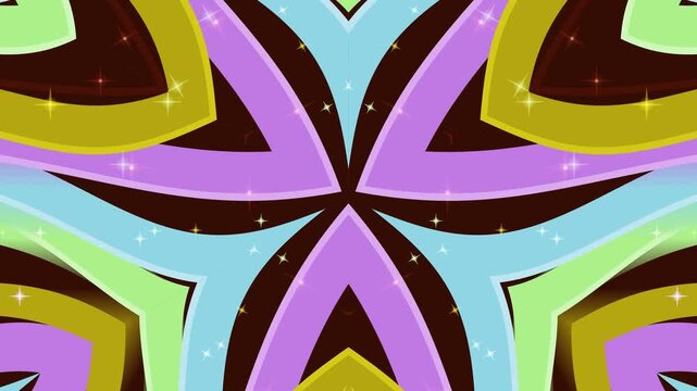 Abstract kaleidoscopic explosion of retro waves in pastel lavender chartreuse and goldenrod with glimmering star accents
