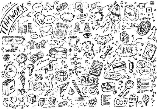 Set of business teamwork doodle icons, hand drawn sketches of business strategy, management, marketing, finance, communication and planning elements
