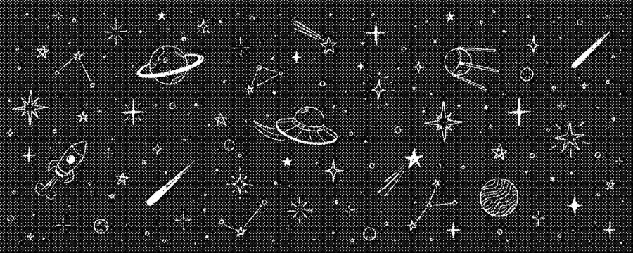 Seamless pattern with hand drawn space elements, stars, rockets, planets, and constellations