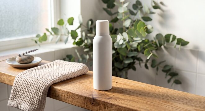 Blank matte white spray bottle mockup on wooden bathroom shelf with eucalyptus