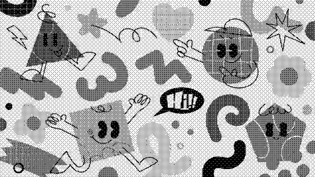 Abstract doodle pattern with funny characters, geometric shapes, and speech bubbles in a retro 90s style, seamless vector illustration