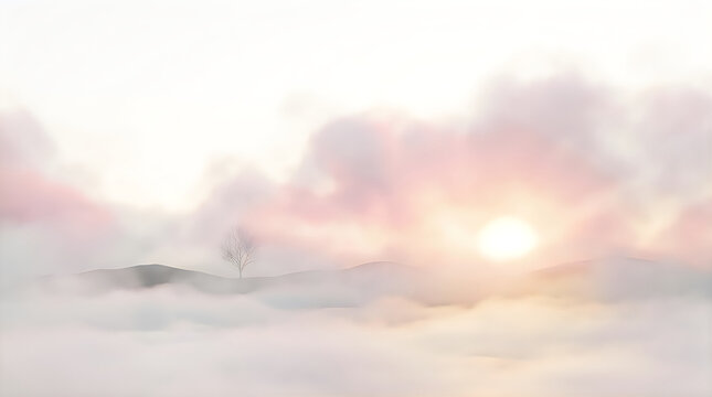 Beautiful foggy landscape with hills and tree at sunrise in morning light