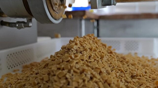 Close-up of freshly extruded pasta continuously falling into a white plastic collection tray, gradually forming a growing mound during the production process.