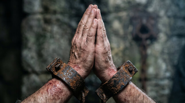 Apostles Paul and Silas praying and singing hymns in a dark, grimy prison cell just before a miraculous earthquake strikes