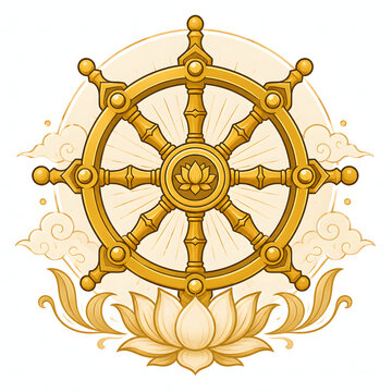 Golden dharma wheel with lotus accent