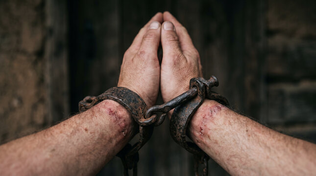 Apostles Paul and Silas praying and singing hymns in a dark, grimy prison cell just before a miraculous earthquake strikes