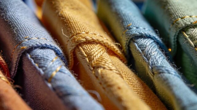 Shifting camera lens racking focus across clothes rack, highlighting stitched hems and gold thread