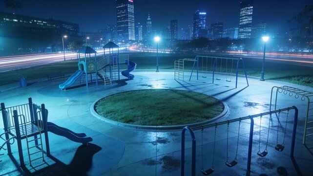 Showing empty playground with circular grass island at night, cars making light trails
