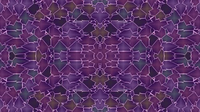 Abstract purple and violet fractal kaleidoscope background featuring geometric shapes with glowing lines and mosaic-like patterns for dynamic textures
