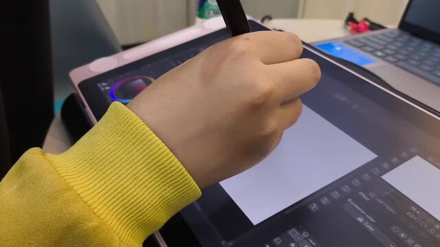 Hand draws sketch on digital tablet with stylus