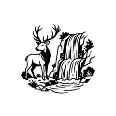 Fototapeta premium Deer standing by waterfall landscape scene.