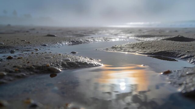 Shifting sunlight causing shallow tidal pool shimmering at shoreline, showing ripples and pebbles