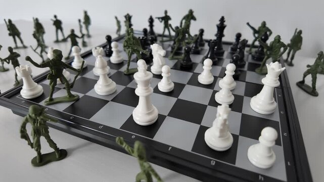 Toy Army Soldiers Surrounding Chess Pieces on Board