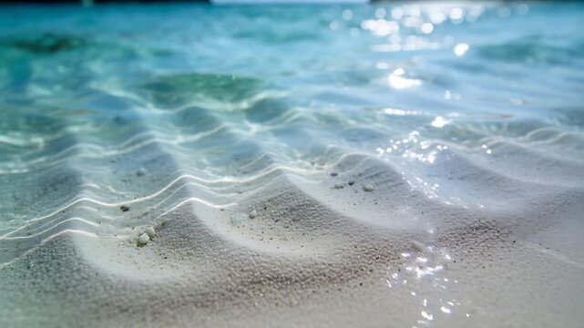 Light breeze creating waves, nearshore sandy seabed showing dancing sunlight caustics and pebbles