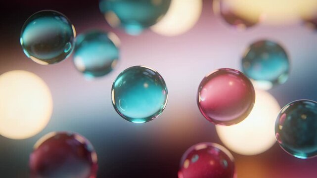 Drifting glossy pink or purple droplet on playback in studio, shifting among teal spheres and bokeh