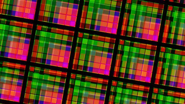 Abstract tartan pattern with geometric squares in vibrant neon colors against a dark grid for digital design and modern art