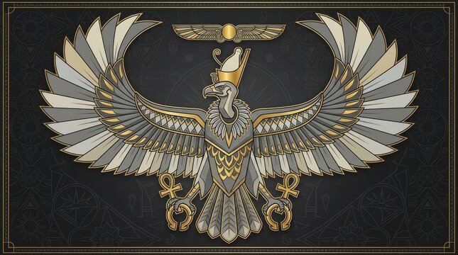 Ancient Egyptian Hieroglyphic Style Eagle With Sun Disk and Uraeus Symbols Artwork